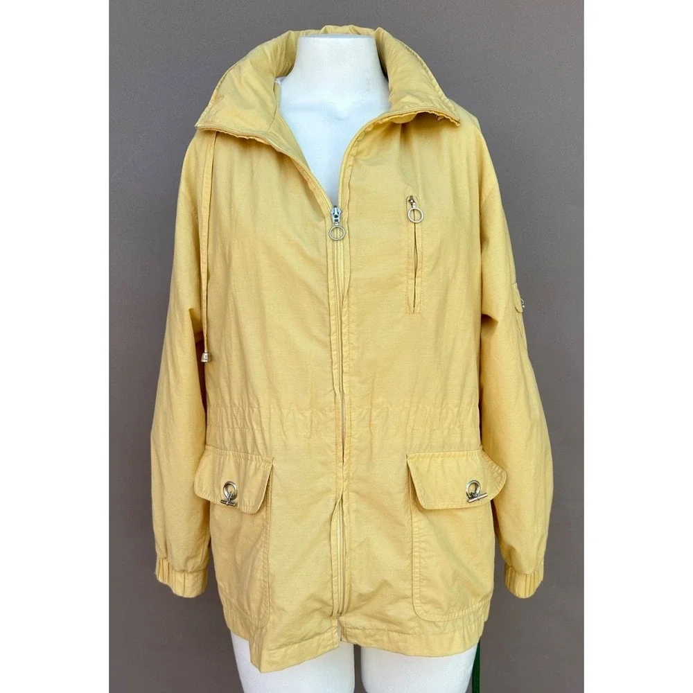 Talbots Raincoat Jacket L Yellow Hooded Full Zip Lined‎ Lightweight Preppy Chic